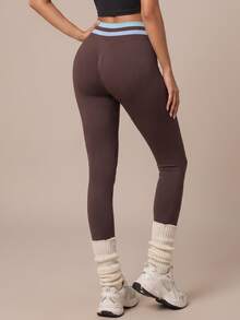 SHEIN BAE Women Brown Stripe Seamless High Waist Leggings Tummy Control Gym Workout Training Running Yoga Athletic Pants - Coffee Brown - View 4