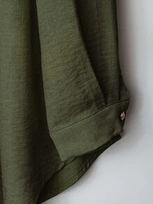 Linhara Plus Size Women Solid Color Linen Blend Round Neck Lace Patchwork Full Button Front Mid Sleeve Casual Comfortable Regular Fit Shirt + Elastic Waist Loose Long Pants 2pcs Set - Army Green - View 4