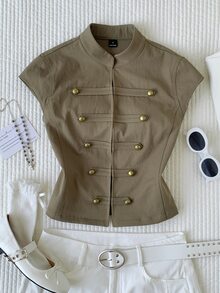 Comfortcana Plus Size Women's Vintage Preppy Casual Napoleon Jacket - Fresh Green - View 6