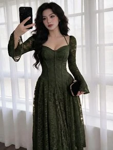 Feyla 女款蕾絲百褶優雅收腰中長洋裝派對禮服 - 軍綠色 - 查看 6