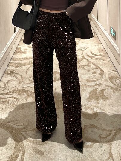 DAZY Women's Solid Color Sequin Elegant Fashion Trousers
