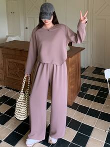 Dazy Plus Solid Color Asymmetric Sweatshirt And Wide Leg Pants, Soft Purple Casual 2 Pieces Set - Pink - View 8