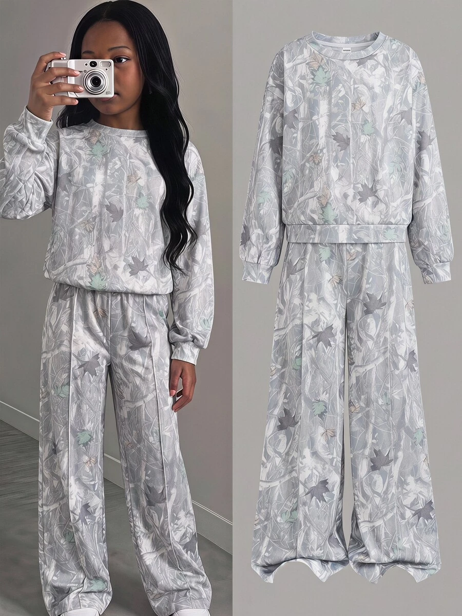 SHEIN Tween Girls Loose Fit Camouflage Print Sweatshirts Drawstring Waist Sweatpants 2pcs/Set Outfit - Light Grey - View 1
