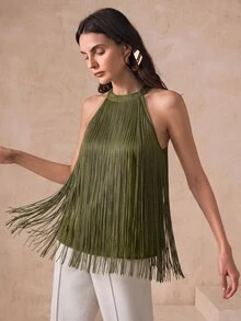 Anewsta 女款優雅橄欖綠垂墜流蘇掛脖蕾絲飾邊露肩上衣，適合派對、約會之夜、夜店 - 軍綠色 - 查看 4