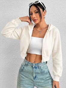 SHEIN PETITE Y2K 拉鍊短版連帽衛衣 秋冬款 - 米色 - 查看 6