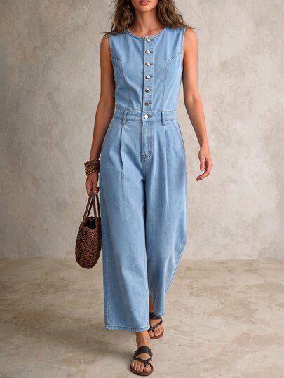 Balvessa Casual Wide Leg High Waist Blue Daily Stretchy Washed Comfortable Flattering Wear Denim Jumpsuit For Women