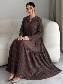 Yasmyna Women's Solid Color Ruffle Tie Neck Long Sleeve Elegant Arabian Dress - Brown - View 2