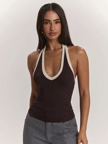 SHEIN BAE 女款修身休閒掛脖V領飾邊背心上衣 - 咖啡棕 - 查看 1