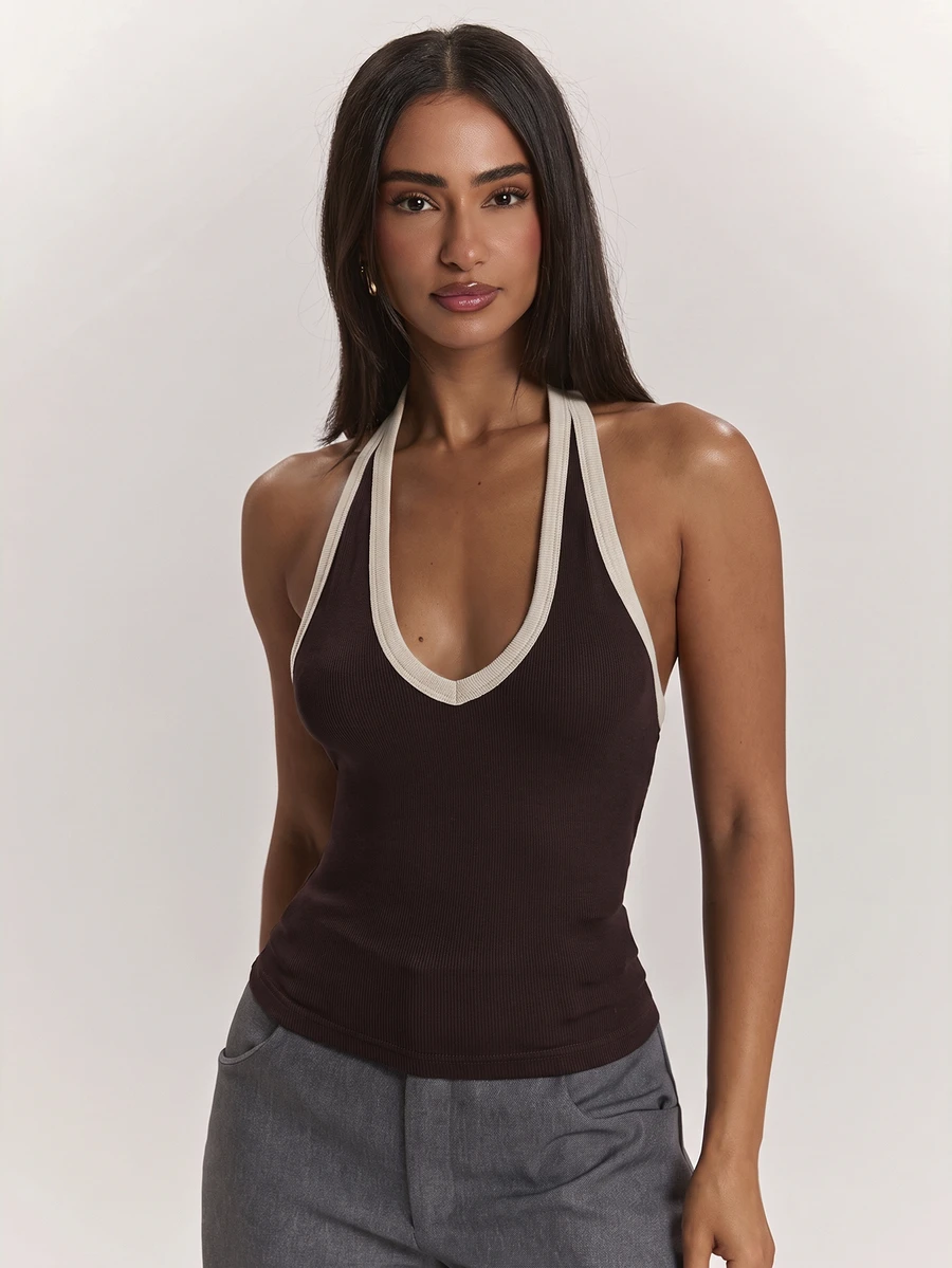 SHEIN BAE 女款修身休閒掛脖V領飾邊背心上衣 - 咖啡棕 - 查看 1