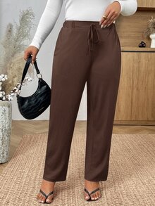 SHEIN Frenchy 大尺碼度假風純色打結休閒長褲，附口袋 - 棕色 - 查看 4