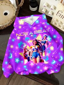 SHEIN 螢光效果！K-Pop 女團趣味星星與月亮圖案，青少年女孩休閒衛衣，韓系風格，輕鬆舒適，時尚童裝，Y2K，可愛，派對，日常，度假，舒適 - 彩色 - 查看 2