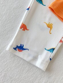 SHEIN Playful Pals 2件組幼兒男童亨利領上衣褲套裝，可愛橘色白色恐龍印花羅紋長袖圓領生日秋季假期連身衣毛衣，鬆緊腰 - 橘色 - 查看 5