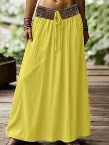 SHEIN Holidaya Damen-Rock mit Wellen-Falten, besticktem Blumenmuster und Band, geeignet für Frühling und Sommer, lässiger Alltag, eleganter Alltag, frischer Stil, Bürooutfit, vielseitiger Freizeitrock, lässige Urlaubs- und Strandkleidung, Country-Musik-Konzert-Outfit, Damen-Sommerurlaubs-Outfit, grüner Rock, Juni-Festival-Party-Rock - Gelb - Übersicht 3
