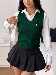 SHEIN PETITE 女款騎士刺繡V領休閒百搭針織背心 - 墨綠色 - 查看 3