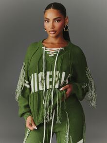 NYA SZN Sweater Lengan Panjang Bergaris Rumbai "Nigeria" Gym Perjalanan Athleisure Nyaman Olahraga Chic Kasual Festival Lucu Liburan Longgar Hijau Musim Gugur Musim Dingin - Hijau - View 6