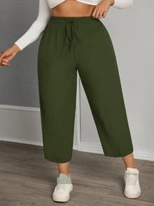 SHEIN PETITE CURVE 女款大尺碼純色抽繩腰休閒百搭日常穿著長褲 - 軍綠色 - 查看 4