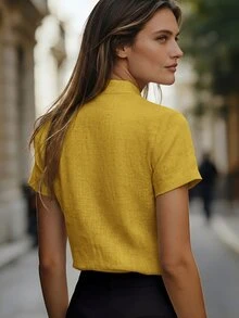 Editum Women's Short-Sleeved Mandarin Collar Linen-Like Tank Top, Versatile And Slimming For Commuting - Yellow - View 2