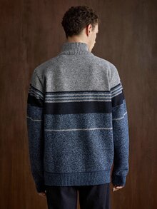 Manfinity CityGents 男士復古拉鍊半開襟長袖條紋針織衫 - 藍色 - 查看 2