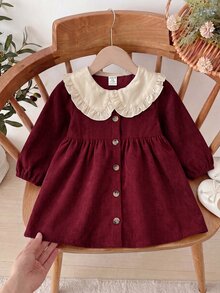 SHEIN Baby Girl Contrast Color Peter Pan Collar Front Button Dress - Red - View 6
