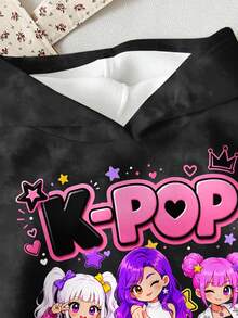 少女水洗黑 Y2K 時尚超街頭 K-Pop 韓系女孩圖案印花，女童少女休閒舒適寬鬆厚款連帽衛衣，適合秋冬日常穿著、運動、返校、出遊、音樂節，復古高街甜酷女孩慵懶時尚少女風 - 彩色 - 查看 3