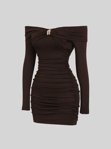 Sweetra Women's Off-Shoulder Long Sleeve Fitted Bodycon Mini Dress With Metal Buckle Decor - Coffee Brown - View 3