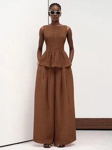 Aveloria Modichic Summer Shades Of Brown Elegant Versatile Fashion Commute Vacation Casual Old Money Slouchy Textured Linen-Like Sleeveless Pleated Round Neck Top Pants - Coffee Brown - View 3