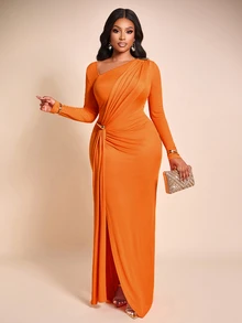 Brilight Mature Elegant Dress Long Sleeve Waist Twist Ruched Metal Buckle Draped Slit Formal Gown Wedding Dinner Cocktail Halloween Burnt Orange Fall - Orange - View 10