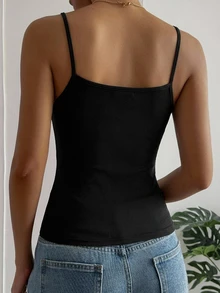 DAZY Camiseta de tirantes ajustada de unicolor con textura acanalada para mujer - Negro - Ver 2