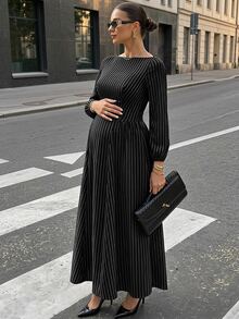MaterniWear 孕婦秋季休閒通勤條紋洋裝 - 黑色 - 查看 3