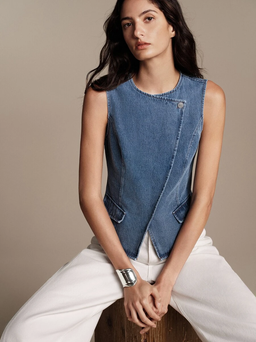 Anewsta Essential Spring/Summer Commute French Style Denim Waist-Cinching Sleeveless Light Blue Vest
