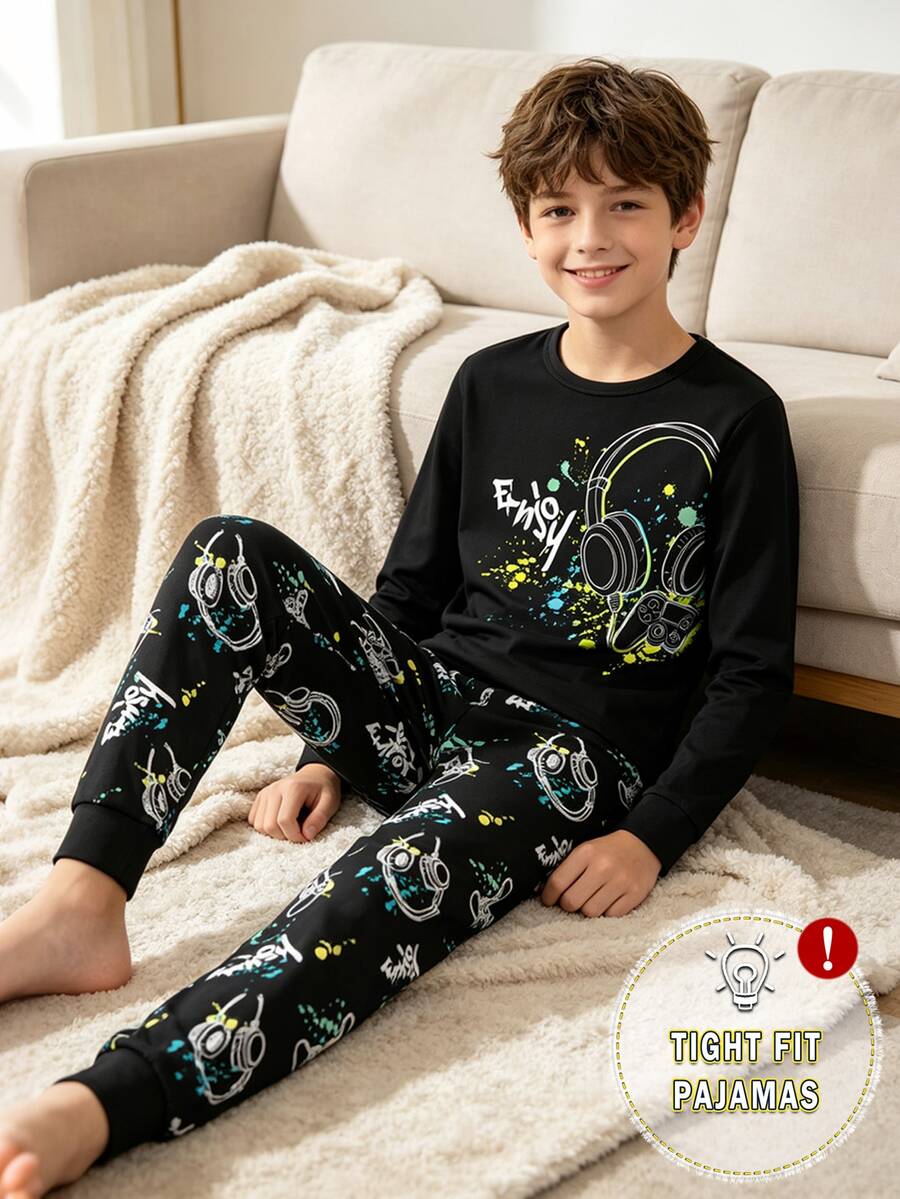 Teen Boys Popular Game Console Print Crew Neck Long Sleeve Top & All-Over Print Fitted Long Pants 2-Piece Set - Black - View 1