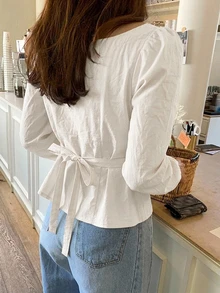 DAZY Women's Solid Color Front Tie Long Sleeve Single-Breasted Casual Cottagecore Shirt Autumn Brunch White - White - View 5