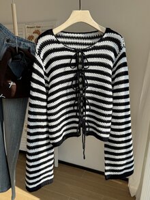 CovetEZ 大尺碼女款條紋前綁帶長袖休閒針織開襟衫 - 黑與白 - 查看 1