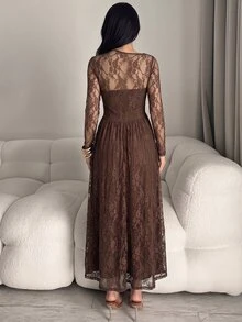 Modelyn Women's Elegant Solid Color Lace Dress - Coffee - View 2