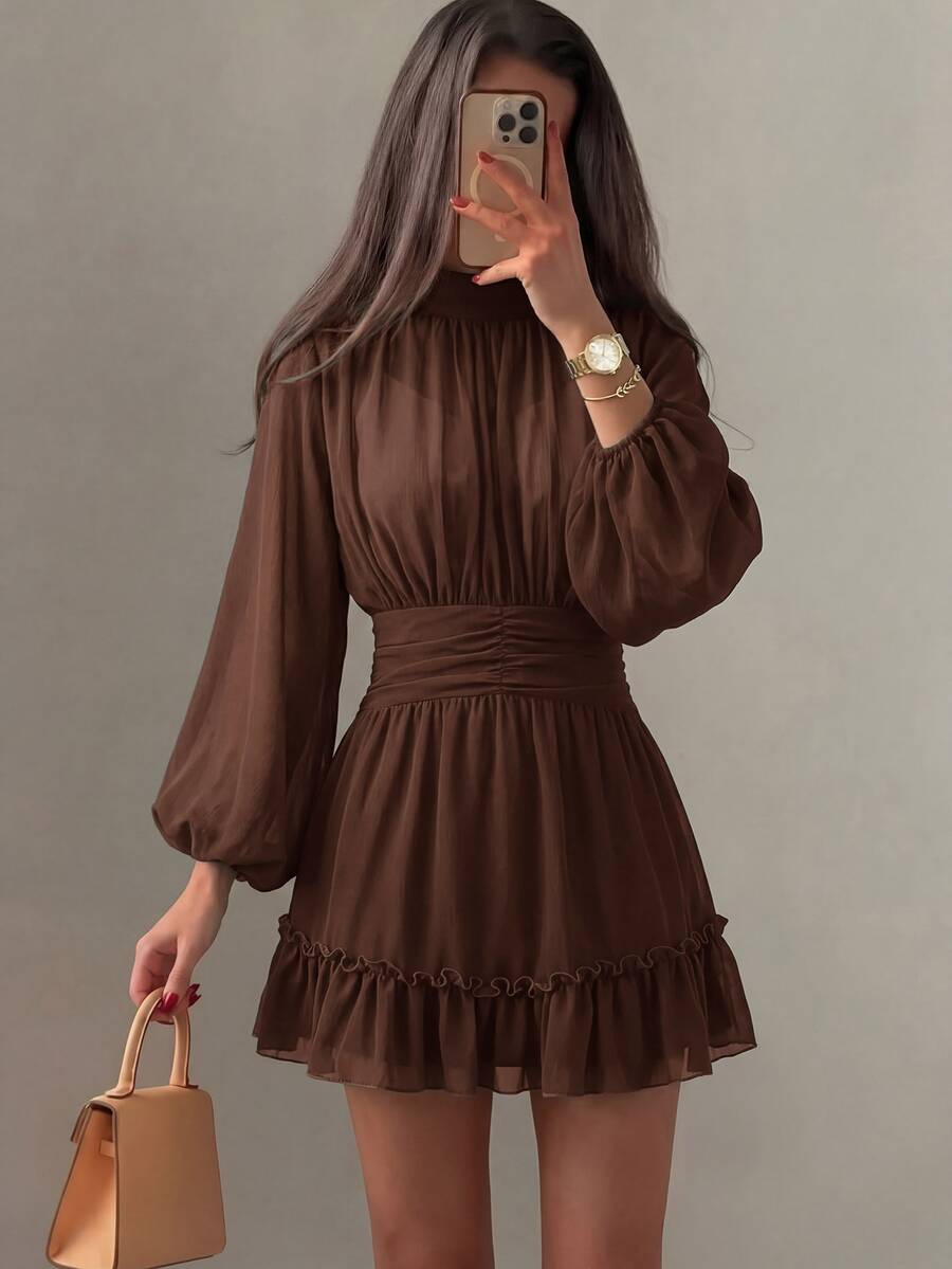 Amorya 女款純色立領長袖抓皺腰部迷你洋裝 晚餐雞尾酒會深棕色 秋季法式優雅 - 咖啡棕 - 查看 1