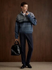 Manfinity CityGents 男士復古拉鍊半開襟長袖條紋針織衫 - 藍色 - 查看 4