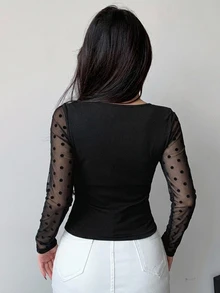DAZY 女款網格拼接修身百搭休閒T恤 秋季 - 黑色 - 查看 3