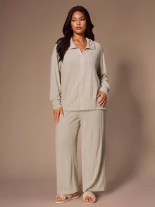 Lazeform Fashionable Minimalist Casual Solid Color Zip-Up Cardigan Long Sleeve Set Women's Autumn New Loose Plus Size 2-Piece - Khaki - View 4