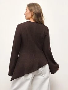 Maija Plus Size Women's Button Design Round Neck Flared Sleeve Fashion Blouse - Brown - View 3