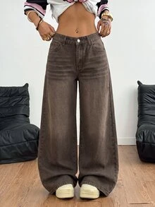 Coolane 女款休閒牛仔褲，附口袋，寬鬆寬腿 - 棕色 - 查看 4