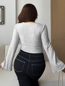 Dazy Plus Solid Color Ribbed Bodycon Sexy Hot Girl Top Spring Autumn New T-Shirt - Grey - View 3