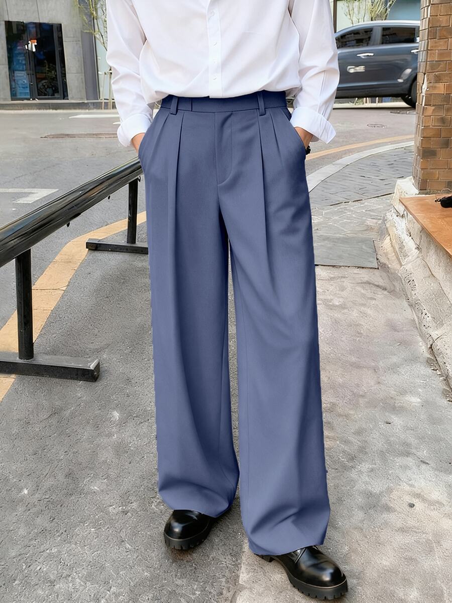 Manfinity Hypemode 男士純色百褶口袋休閒百搭西裝長褲 - 霧霾藍 - 查看 1