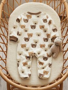 SHEIN 新生兒嬰兒卡通圖案拉鍊休閒日常連身長褲 - 米色 - 查看 2