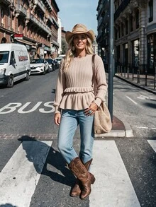 LanaWest Sweater Kasual Wanita untuk Liburan dengan Hiasan Rumbai di Bagian Bawah - Khaki - View 5