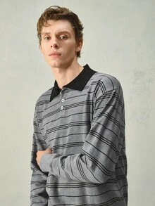 RONVEXI 男士條紋長袖 Polo 領休閒毛衣 - 彩色 - 查看 8