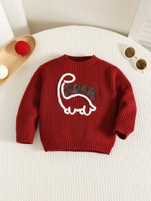 SHEIN Baby Boy Baby Girl Baby Boy Red Dinosaur Pattern Crew Neck Long Sleeve Pullover Sweater, Versatile And Comfortable For Autumn/Winter, Suitable For Christmas - Burgundy - View 1