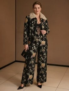 MOTF PREMIUM WOMEN'S PLUS SIZE FLORAL PATTERN WIDE LEG SUIT PANTS - Multicolor - View 5
