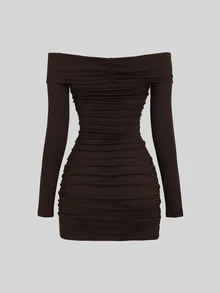 Sweetra Women's Off-Shoulder Long Sleeve Fitted Bodycon Mini Dress With Metal Buckle Decor - Coffee Brown - View 2