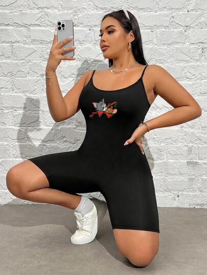 TOM & JERRY X SHEIN SHEIN EZwear Plus Size Women's Cartoon Print Casual Daily Spaghetti Strap Romper