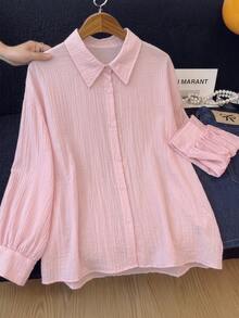 GlowEve CURVE Women's Lace Bowknot Pink Long Sleeve Plus Size Blouse - Pink - View 2